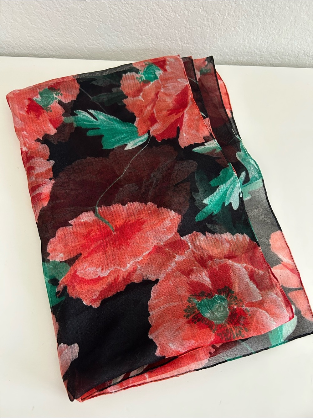 Specialty House Vintage Floral Sheer Scarf Black Red & Green Floral Print Italy